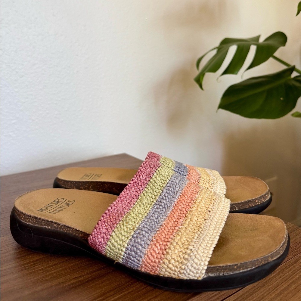 Slide Sandals with Pastel Stripe Woven Band